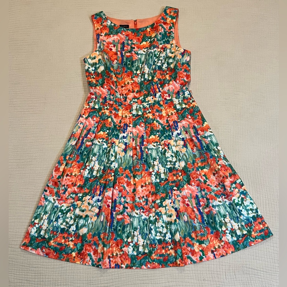 Talbots Watercolor Floral Fit & Flare Dress Size 10 Sleeveless Pleated Pockets